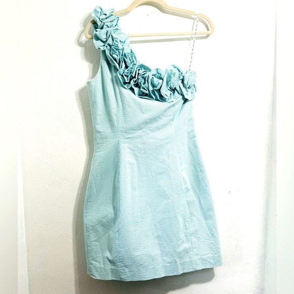 Lilly Pulitzer Vivienne Shorely Blue Seersucker One Shoulder Dress.Size 10 - Picture 1 of 11